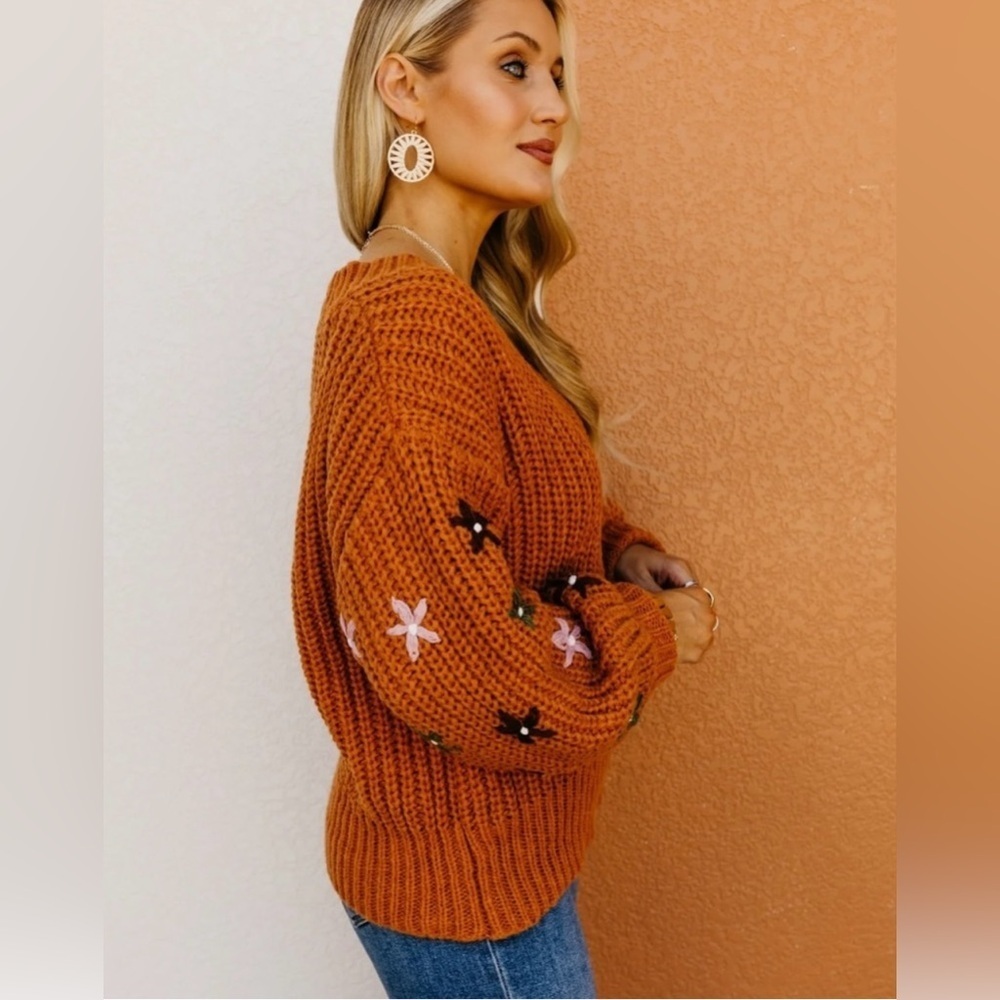NWT Rust Cable Knit V Neck Floral Embroidered Bubble Sleeve Size Medium - Picture 12 of 16